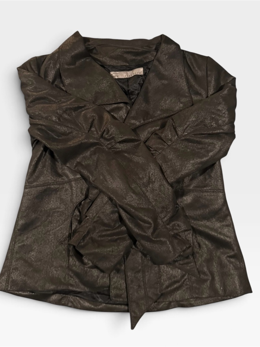 Zara Basic Metallic Faux Leather Tie-Front Wrap Jacket XL (0003)